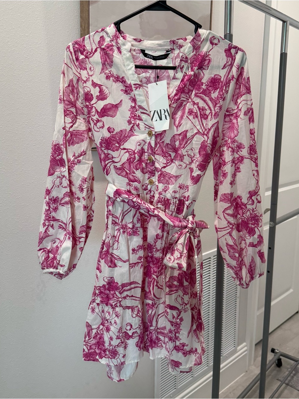 ZARA White and Fuchsia Floral Long-Sleeve Button Dress